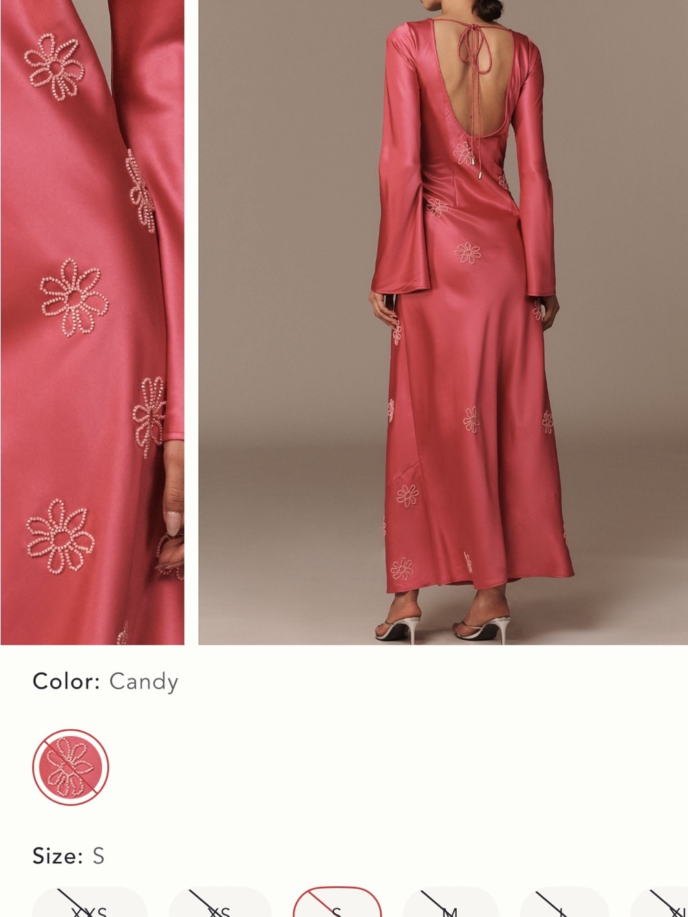 Anthropologie “The Wolf Gang” brand Pink Satin Maxi Dress Embroidered Flowers